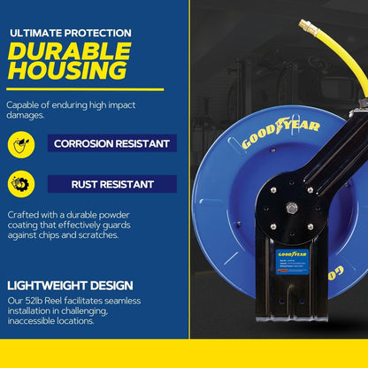 Goodyear Air Hose Reel Retractable 1/2" Inch x 65' Foot SBR Rubber Hose Max 300PSI Heavy Duty Industrial Steel Single Arm Construction