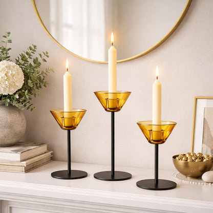 Smytle Amber‑Gold Glass Candlestick Holders with Weighted Black Metal Base, Set of 3 Amber Candle Holders for Both Taper and Tea Light Candles, Boho & Autumn Table Decor, Wedding Centerpiece