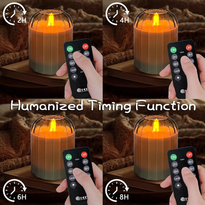 LEDHOLYT Rechargeable Flameless Candle, Flashing LED Pillar Real Wax Candle with Remote Control and Timer, Green Pumpkin Glass Electronic Candles for Room Decoration, 1 Set of 3