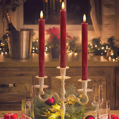 Wondise Flameless Taper Candles with Timer, 3 Pack Battery Operated LED Flickering Real Wax Red Candle for Christmas Wedding Dinner Decorations