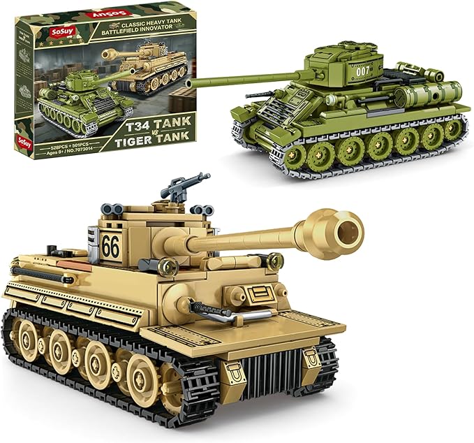 Sosuy WW2 Building Block Army Tank-Sets for Boys Men 1:32 Movable German Tiger &amp Soviet T-34 Military Toys for Kids Ages 8+ Mini Cannon Vehicle Model History Birthday Gifts for Teen Girls 1030 Pi
