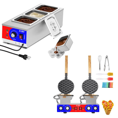 HTTSICHI 2800W Commercial Bubble Waffle Maker & 13L Chocolate Tempering Machine, Dual Non-stick Pans w/Timer & Temp Control, 3-Tank Stainless Melter w/86-185°F Control, for Restaurants & Dessert Shops