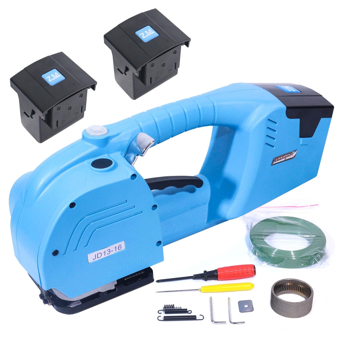 ZHONGMIN Electric Strapping Machine for 1/2"-5/8" PP/PET Straps, 2 x 4000mAh Battery Powered Automatic Banding Tool, All-in-One Portable Baler for Box and Pallet Packaging (JD13-16)