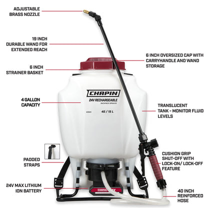 Chapin 63924 4-Gallon 24V Extended Spray Battery Backpack Sprayer, with Adjustable Brass Nozzle, 1-Pack, Translucent White