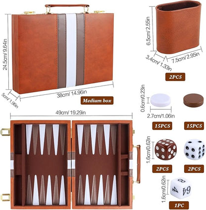 Backgammon Set 2 Players Classic Backgammon Sets for Adults Board Game with PU Leather Case Portable and Travel Backgammon Set (Brown 15inch)