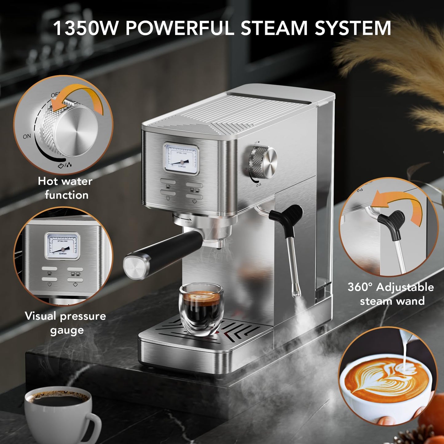 COWSAR Espresso Machine 20 Bar, Compact Commercial Espresso Maker with Milk Frother, Visual Pressure Gauge, Coffee Machine with 47oz Removable Water Tank and Capsule Funnel, for Cappuccino, Latte