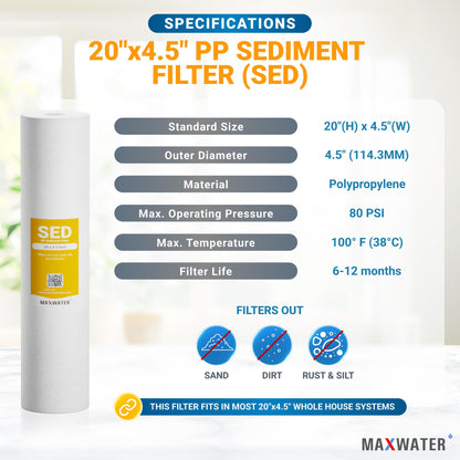 Max Water 10 Micron 20 x 4.5 Sediment Filter 20 inch Whole House BB Water Filteration System Replacement Compatible Cartridge DGD-5005-20, FP25B, AP810-6, FPMB5-20, P5-20, 155358-43, SDC-45-2005