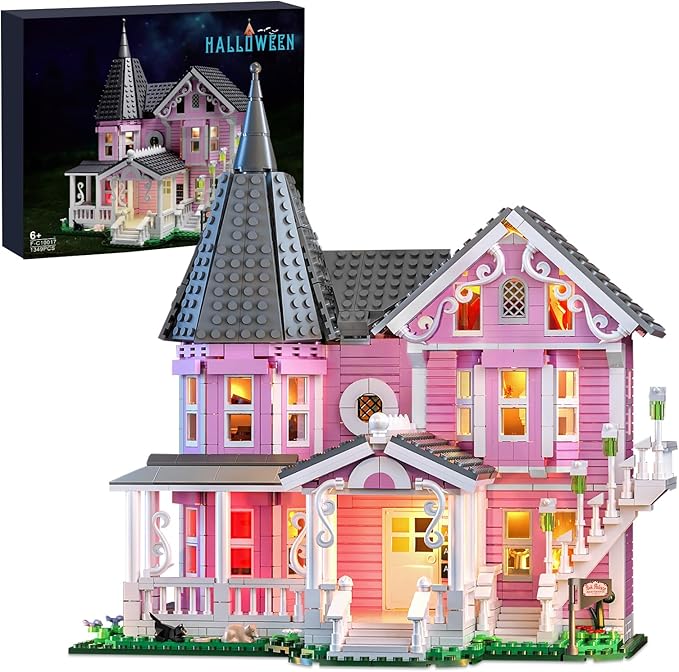 Pink Palace House Building Set with Lights 1349PCS Halloween Haunted House Blocks Compatible with Lego Christmas Birthday Gifts for Kids Adults Aged 8+