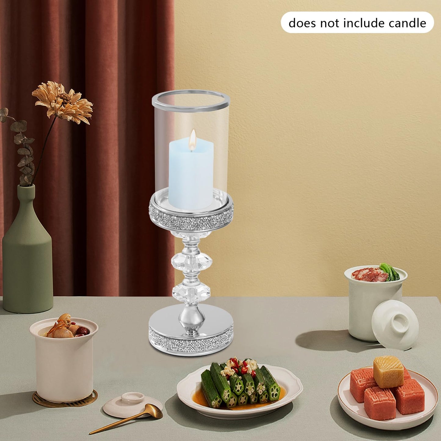 Candle Holder, Crystal Candlesticks Holder Set, Tabletop Pillar Candle Holders for Wedding, Parties, Events, Chirstmas, Home Decor, Table Centerpieces (Silver 04, L)