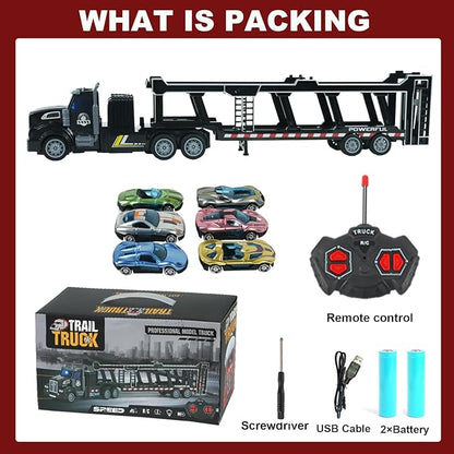 Remote Control Car Transporter Truck Includes 6 Cars 14 1:48 Car Transporter Semi Truck Toy Equipped with 2 Rechargeable Batteries Gifts Ideas for Boys Age 3-8 Year Old