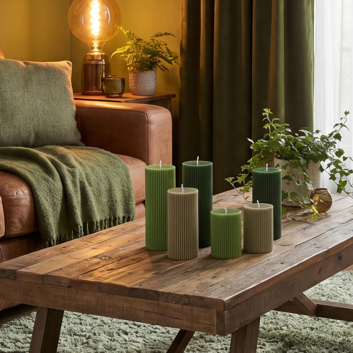 Lyrow 6 Pcs Ribbed Pillar Home Decorative Candles Aesthetic Modern Home Decor Soy Wax Unscented Pillar Candles Width 3" High 4" 6" 8" for Bathroom Living Room Wedding Dinner Party(Green)