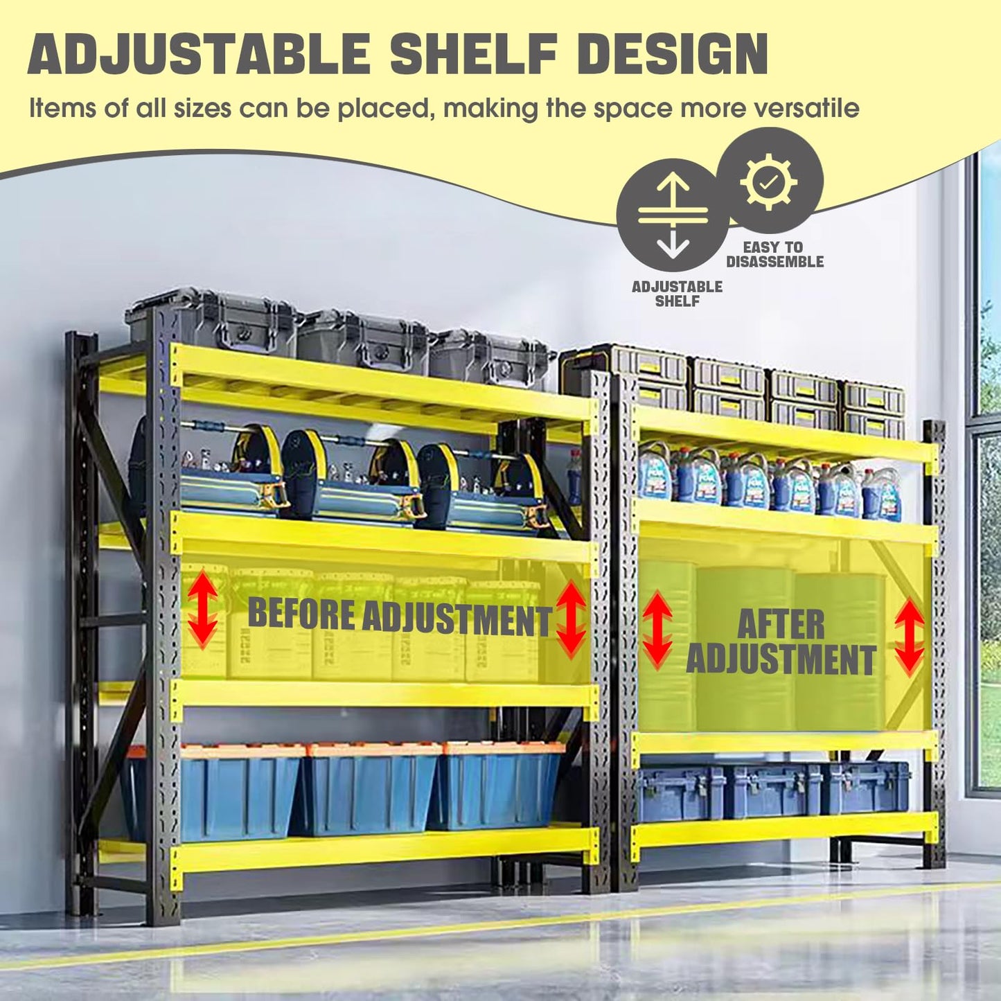 5000lbs Load Capacity,Heavy Duty 4-Tier Steel Shelving Unit, Adjustable Industrial Storage Rack for Garage Warehouse Workshop(Yellow and Black, W78.74*D23.62*H78.74)