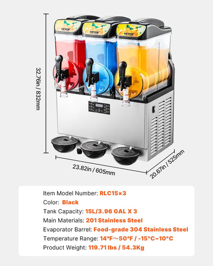 VEVOR Commercial Slushy Machine, 15Lx3 Triple Tank Margarita Machine, 180 Cups Stainless Steel Margarita Smoothie Frozen Drink Machine, Slushie Machine for Party Restaurants Cafe Bars