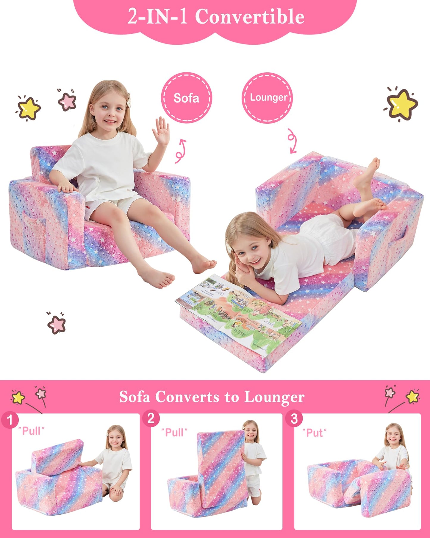 lasoftan Toddler Couch, 2-in-1 Soft Kids Couch Bed Fold Out, Toddler Chairs Comfy for Boys & Girls, Convertible Kids Sofa to Lounge for Playroom, Gift for Birthday, Children's Day- Glow Star