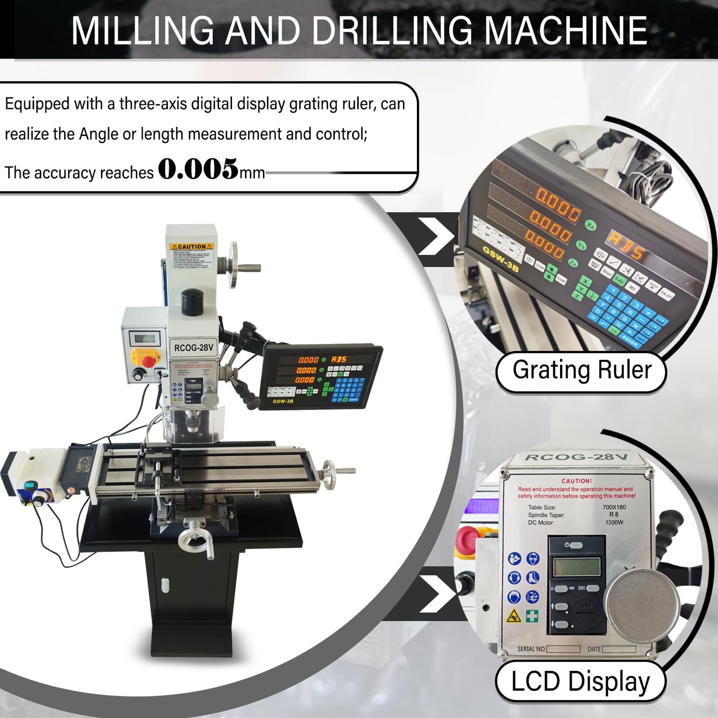 LGXEnzhuo 1300W Milling Drilling Machine R8 Taper Drilling Milling Lathe 50-2250RPM Brushless Motor with 27.5" x 7" Workbench for DIY/Metal/Wood Working 110V