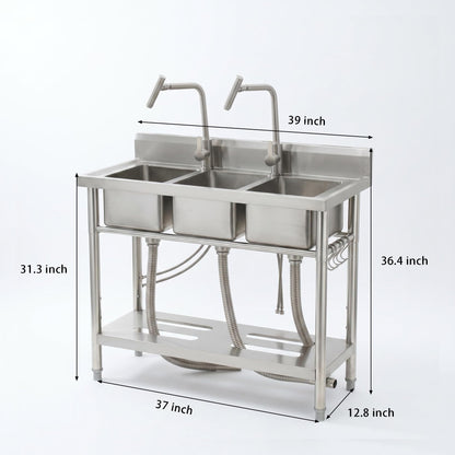 Utility Sink Freestanding Three Bowl Stainless Steel Sink, 39 x 18 x 36 Inch, No Drawer Stand and Two T-Shaped Faucets, Laundry Sink for Kitchen, Bathroom, Garage and Patio