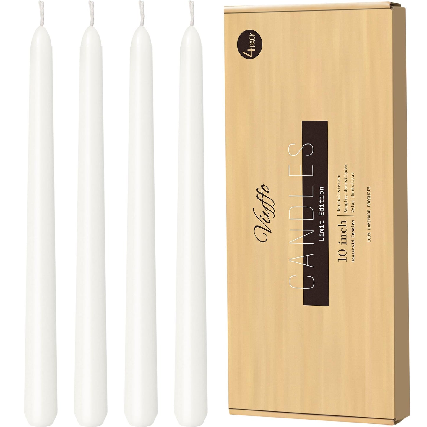 Viyffo Taper Candles, 10 Inch, 4 Pack, White – Unscented, Dripless & Smokeless Design, Up to 8-Hour Burn – Tall Candlesticks for Wedding, Dinner & Home Decor