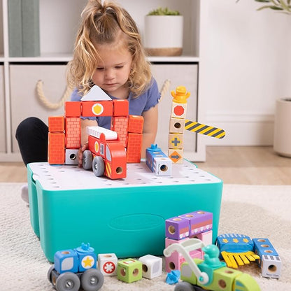 Melissa &amp Doug Blockables™ Deluxe City Snap and Play Mix and Match Connectable Wooden Building Blocks Set with Storage Bin and Play Lid (122 Pcs) Ages 2 to 7- FSC Certified