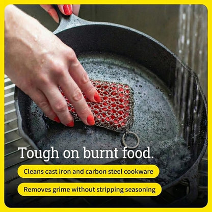 Lodge Chainmail Scrubber for Cast Iron Pans - Heavy Duty Stainless Steel Scrubbing Pad for Skillets, Dutch Ovens & Griddle Pans - Essential Cast Iron Cleaning Tool - Red