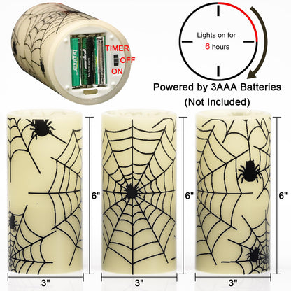 Eldnacele Halloween Flameless Candles with Timer,Battery Operated Spider Cobweb Decal Flickering Candles Real Wax LED Pillar Candle Set of 3 for Holiday Indoor Home Spooky Decor(3×6 Inches)