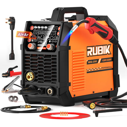 RUBIK Aluminum MIG Welder 250Amp, 5 in 1 MIG/Stick/Lift TIG Welder Gas Gasless Digital MIG Welder 110V/220V Dual Voltage LCD Display Welding Machine, Professionals Multi Process Welder