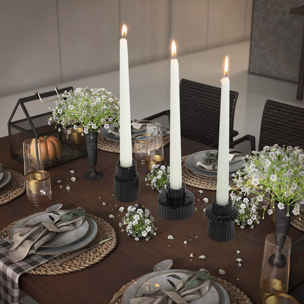 Vixdonos Taper Glass Candlestick Holders Tealight Candle Holders for Table Centerpieces, Wedding Decor and Dinner Party (3 Pcs, Black)