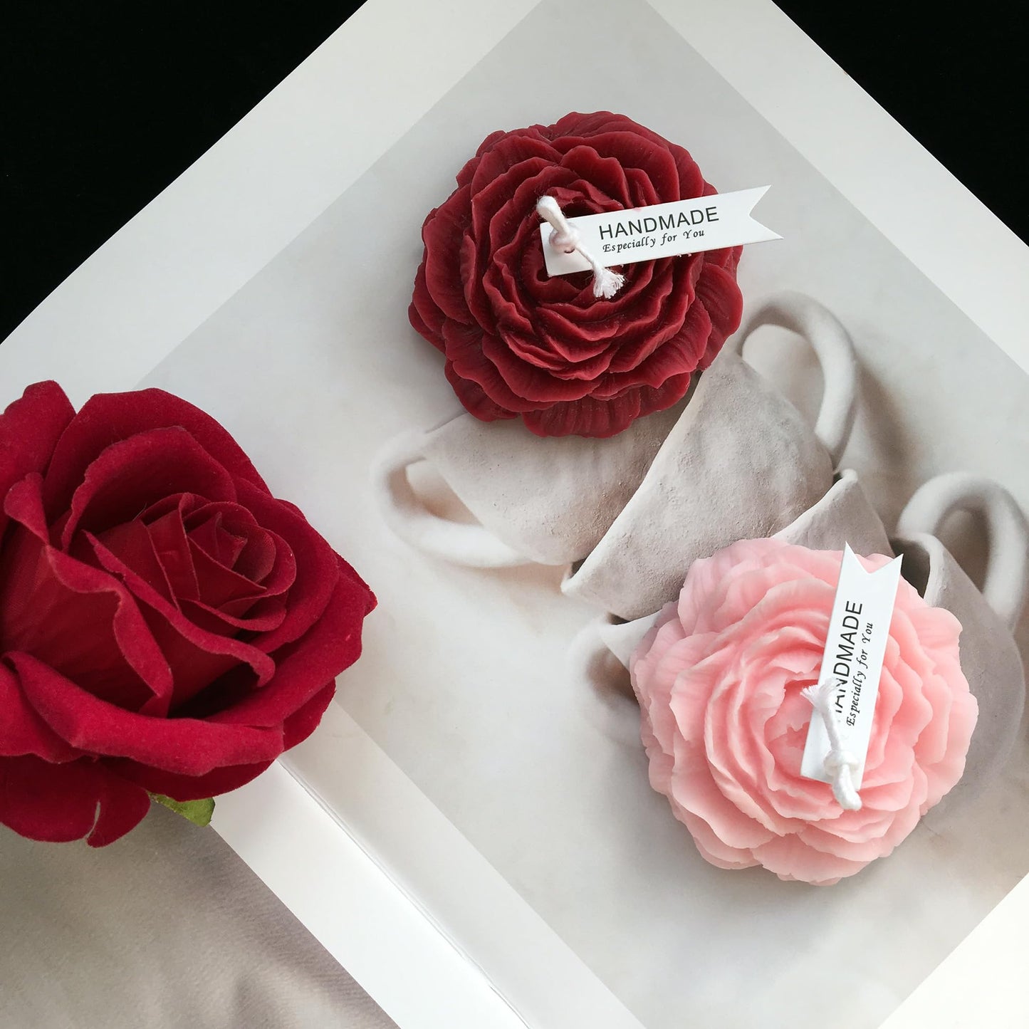 Cooary 4 Pcs Low Temperature Candles Wine Red Red Pink White Peony Flower Shaped Scented Adult Low Heat Body Safe Wax Play
