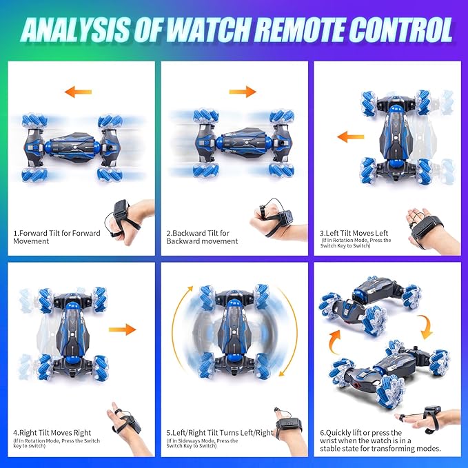 4WD Stunt Car 2.4 GHz Gesture Sensor RC Cars Double-Sided Vehicle 360° Flip RC Twist Buggy with Music Spray - Best Christmas and Birthday Present for Boys and Girls Aged 6-12 (Blue)
