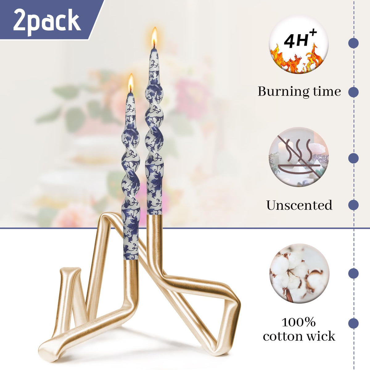 Flowers Printed Taper Candle - Baleagcdl White with Blue Star Flower Candlesticks 10 Inch Drip Handmade Long Tapered Candles for Home Holiday Decor Wedding Gifts - Set of 2