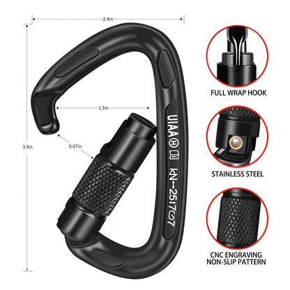 BEIFENG 25KN Auto Locking Carabiner - UIAA Certified Heavy Duty Climbing Carabiners for Rock Climbing, Camping, Rappelling, Hunting, Rescue Equipment - Professional Carabiner Clips (4-Pack, Black)