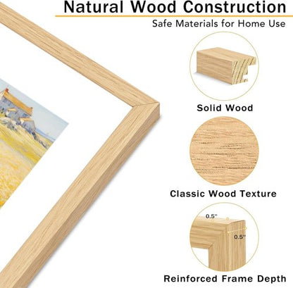 JCJMY 12x12 Solid Wood Picture Frame - Display 8x8 with Mat or 12x12 Without Mat, Natural Finish
