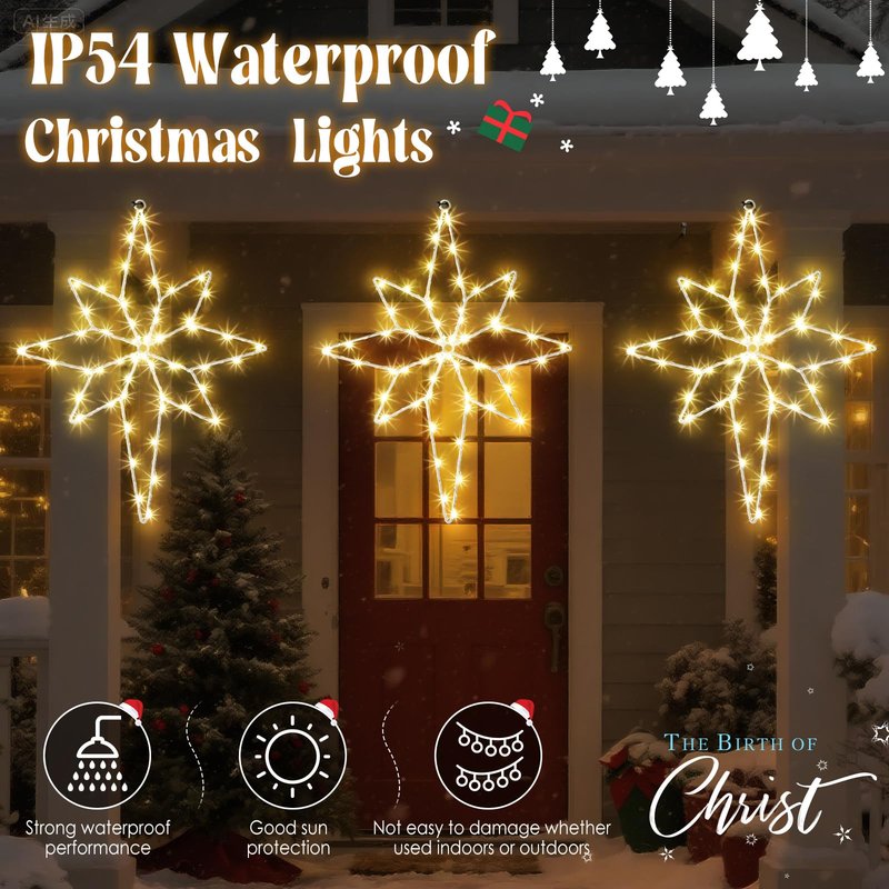 Hiboom Large 3 Pack Christmas Window Light Decorations, LED Bethlehem Christmas Star Window Silhouette Lights with Timer, 8 Models, Iron Frame, Battery Operated Lighted Xmas Star Decors(16 Inch)