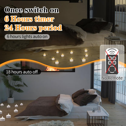 KOABY 24 Pack Tea Lights with Timer, Auto-On 6 Hours and Off 18 Hours in 24 Hours Cycle Automatically, Battery Operated Flameless Flickering Tea Lights with Timer(24 Pack, Warm Yellow)