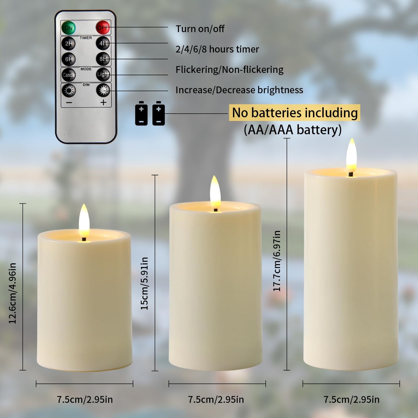 Outdoor Candles with Timer Waterproof, 3PCS 3" x4" 5" 6" Flameless Candles with Remote Battery Operated Candles, Realistic Flame Effect LED Pillar Candles for Fireplace Christmas Patio Centerpieces