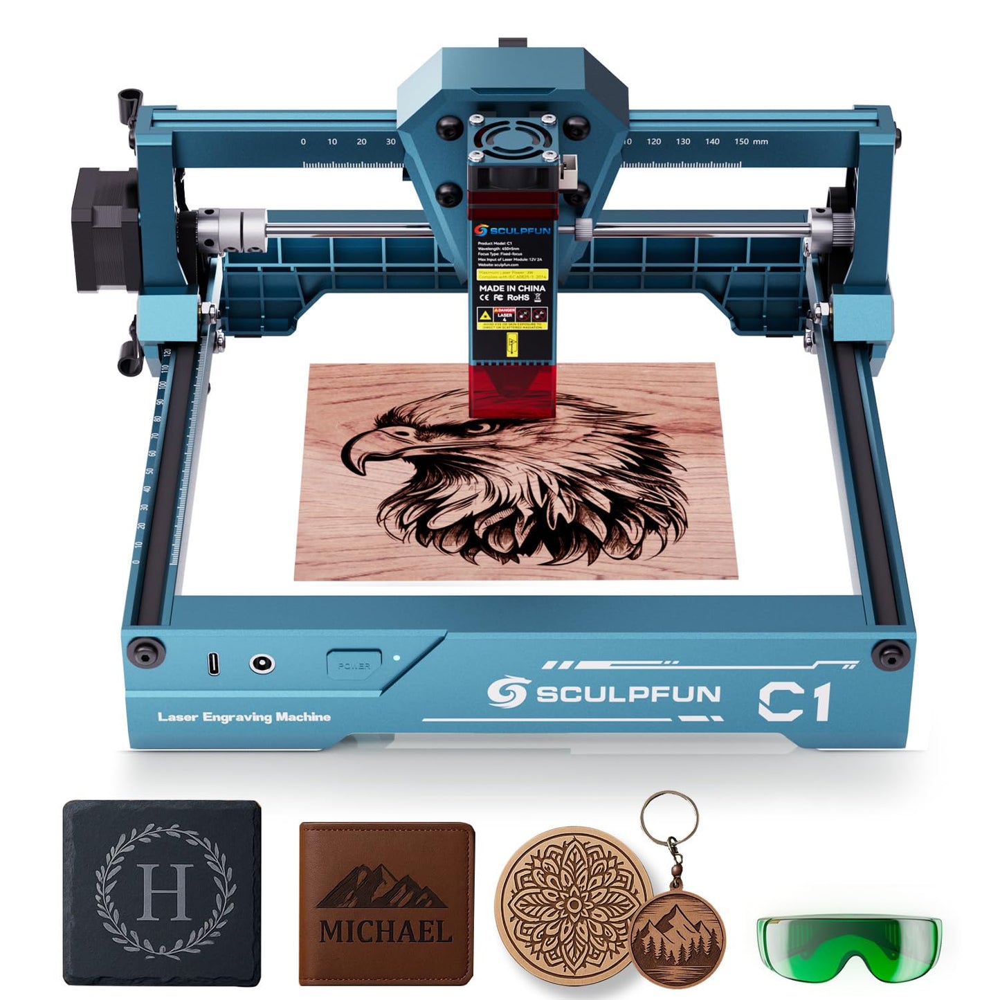 SCULPFUN C1 Mini Laser Engraver, 3W Portable Laser Engraving Machine with 0.04mm Ultra Fine Spot, Work for DIY Beginners,Plywood,Leather,Kraft Paper,Slate, Engraving Area 150 * 130mm