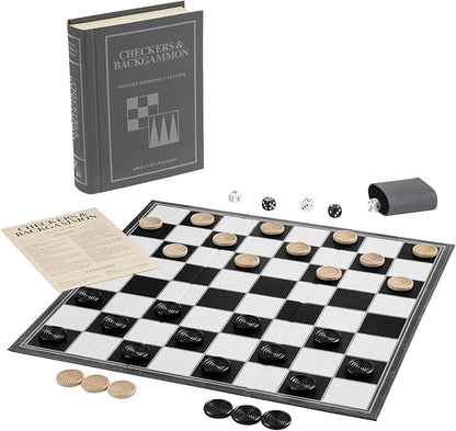 Checkers and Backgammon Vintage Bookshelf Edition by WS Game Company Linen Wrapped Book Box &amp Slipcase - Reversible Board Wooden Pieces - Checkers and Backgammon Sets for Adults &amp Kids Ages