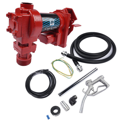 Fuel Transfer Pump, 12 Volt 20 GPM, with Nozzle Kit for Transfer of Gasoline, Diesel, Kerosene, Ethanol & Methanol Blends & Biodiesel Red (Fuse Required More than 50Amp)