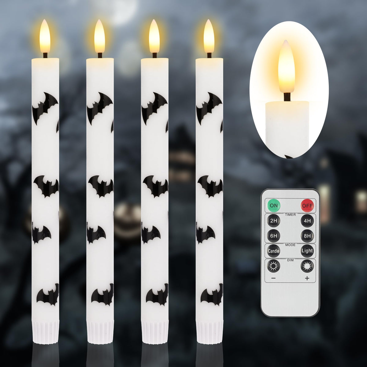 SEHNSY Halloween Flameless Taper Candles with Remote and Timer, 4 Pack Bat LED Flickering 3D Flame Real Wax Candles, Battery Operated Halloween Table Decor for Spooky Indoor Displays