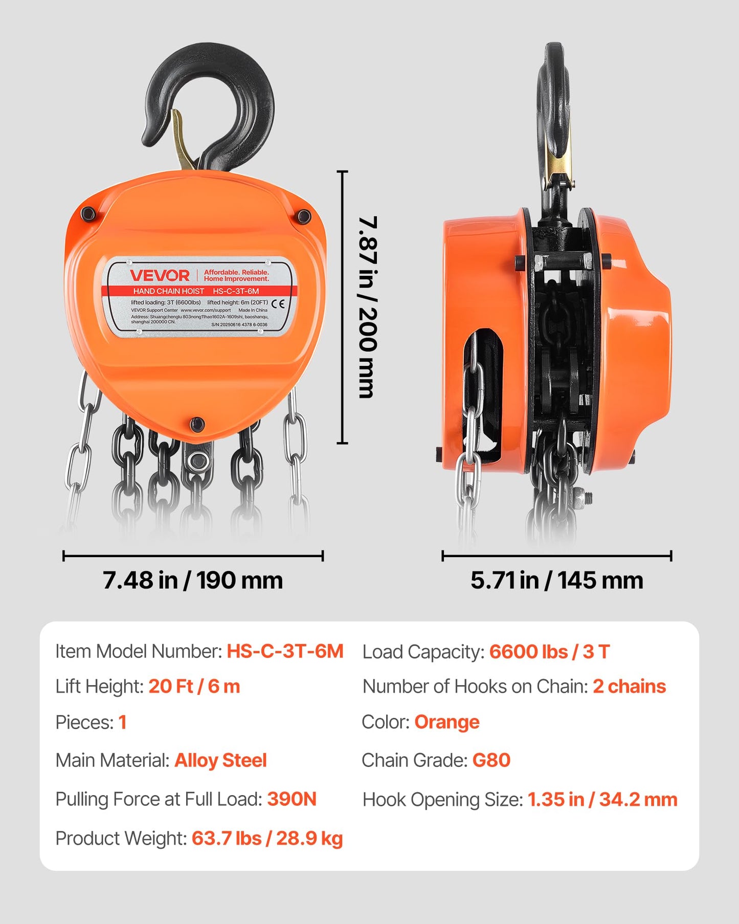 VEVOR Hand Chain Hoist, 3 Ton 6600 lbs Capacity, Manual Chain Block with Upgrade G80 Galvanized Chain, 20 ft Lifting Height, Heavy Duty Pulley Hoist for Garage Warehouse Automotive Machinery, Orange