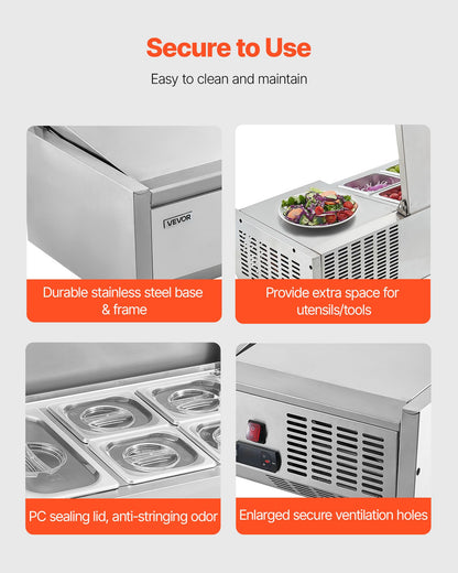 VEVOR Refrigerated Condiment Prep Station, 120 W Countertop Refrigerated Condiment Station, with One 1/3 Pan & Four 1/6 Pans, 304 Stainless Body and PC Lid, Sandwich Prep Table with Stainless Guard
