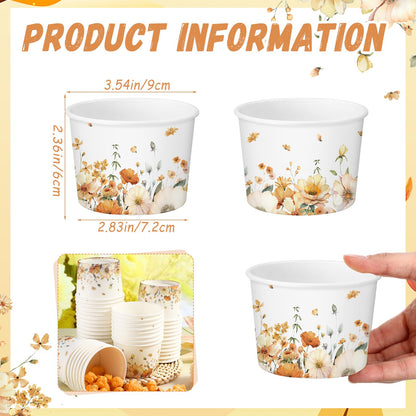 Funnymoom 50 Pack Fall Floral Treat Snack Cups Autumn Flowers Paper Ice Cream Cups 9 oz Watercolor Flower Disposable Dessert Bowls for Hot or Cold Food Fall Wedding Baby Shower Birthday Party Supplies