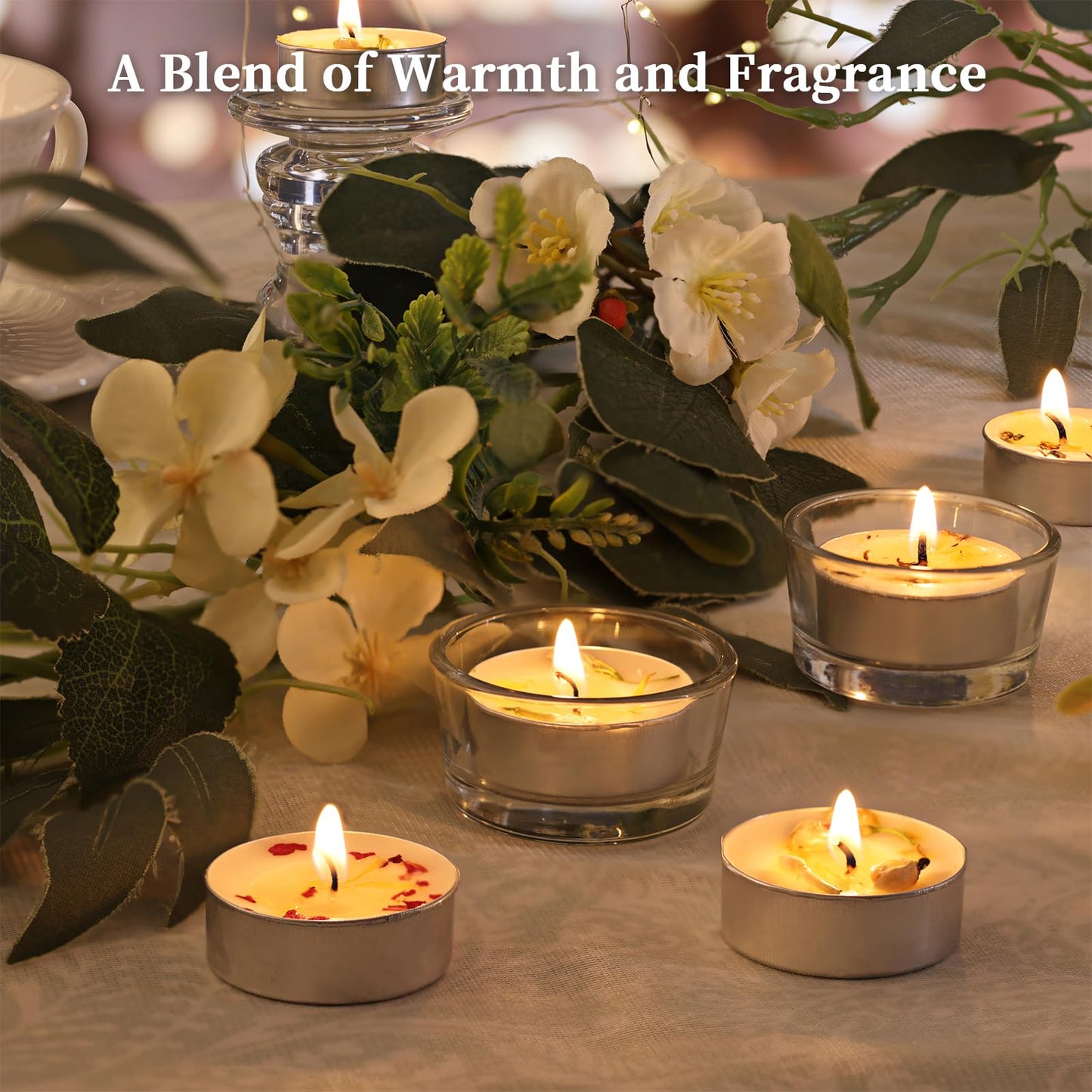 Jasmine Scented Tealight Candles 16 Pack - 4-Hour Palm Wax White Tea Lights, Plant Dried Flower Scented Tea Candle (Paraffin-Free), Votive Candles for Home/Yoga/Bath/Meditation