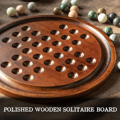 Deluxe Solitaire Game Set: 12.6'' Solid Wooden Board 32 Natural Marble Balls Single-Player Strategy and Smart Games