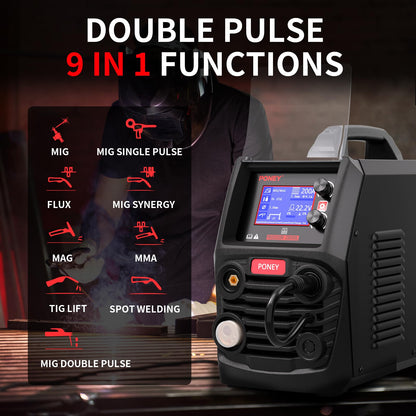 PONEY 200Amp Double Pulse MIG Aluminum Welder 9 in 1 MIG/MAG/FLUX/MIG Synergy/Single Pulse MIG/Double Pulse MIG/TIG LIFT/Spot Welding/MMA 220V Multi Process Welding Machine with LCD Digital Display