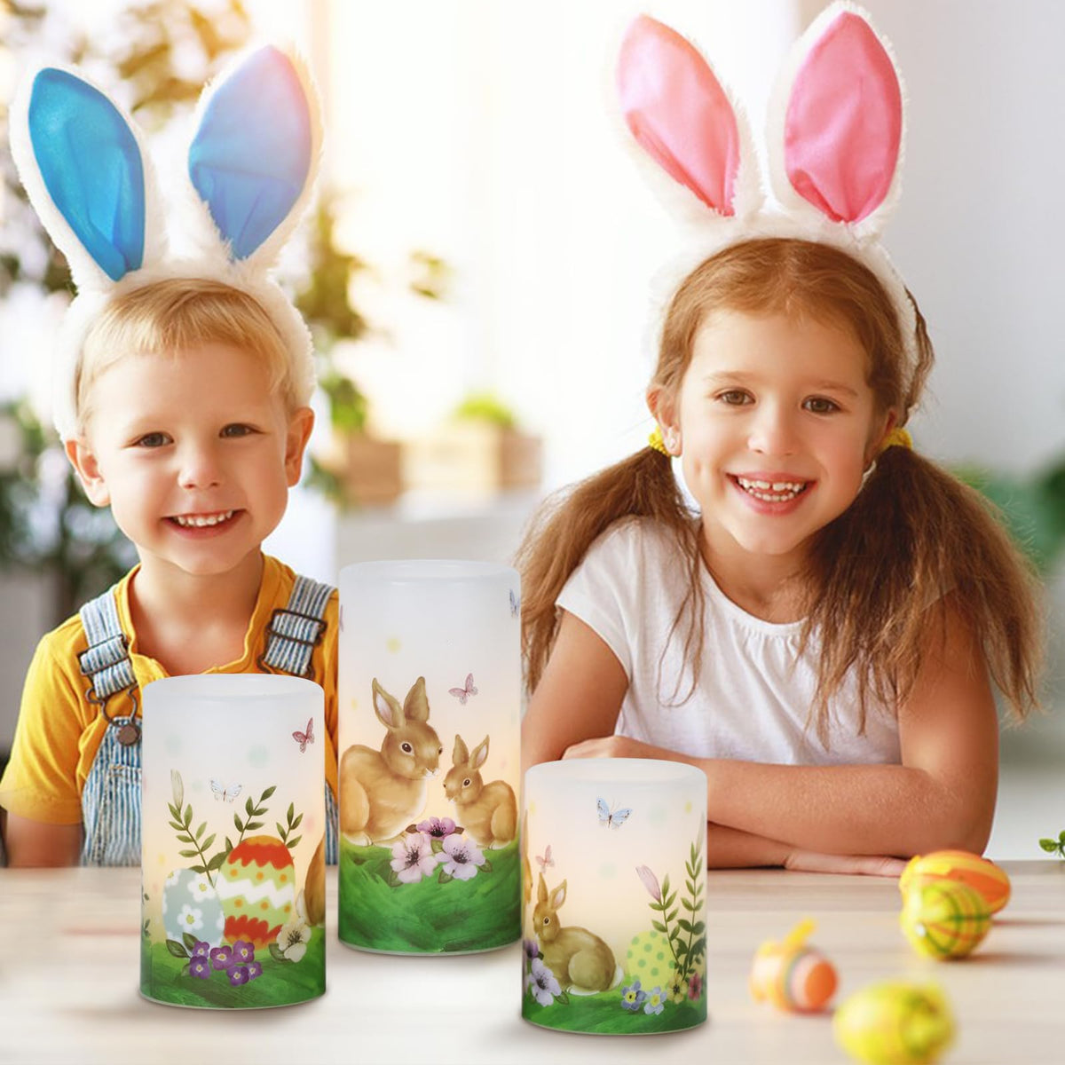 DRomance Easter Bunny Flameless Flickering Candles with 6 Hour Timer, Battery Operated Real Wax White LED Pillar Candles Warm Light Dinner Table Home Decor(3 x 4,5,6 Inches)