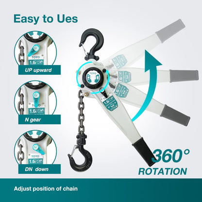 TOYO Lever Chain Hoist 3500Lbs 10ft,Chain Come Along 1.6T 10Ft Ratchet Chain Puller Hoist Alloy Steel G80 Chain 2 Heavy Duty Hooks for Building Warehouse Automotive Garages Machinery (3500LB 10FT)