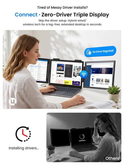 UPERFECT Laptop Screen Extender, 14'' Wireless Triple Portable Monitor, Ultra-Slim Dual Travel Monitor 125% sRGB One Cable Plug -Play Extender Monitor for MacOS/Win/Android, Fits 13.3-17.3" Laptops
