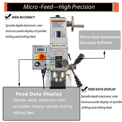 INTBUYING Mini Milling Drilling Machine Benchtop Mill Drill 5-1/2''x20'' Precision Hobby Milling Machine 600W MT2 Variable Speed Micro Feed with Spindle Drill Chucks for Metal Plastic Wood 110V