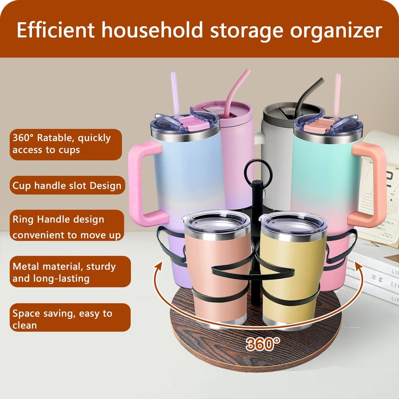 Tumbler Organizer,Ctancifang Rotating Stanley Cup Holder for Cabinet Fits 6 Bottles (40/30 oz), Stanley Organizer with Portable Handle for Kitchen, Camping, Parties,Easy to Grab Cup,Easy to Carry