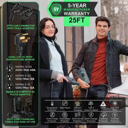 MACH 3 Fast 40 Amp Level 1&2 Portable EV Charger, Electric Vehicle Charging Station, 120-240V NEMA 14-50 w/ 5-15 Adapter. SAE J1772 car Connector & Tesla mobile NACS, Outdoor EVSE, 25ft Cable w/holder